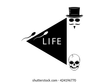 life. Black arrow and word life,  person and skull
