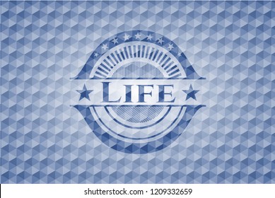 Life blue emblem with geometric pattern background.