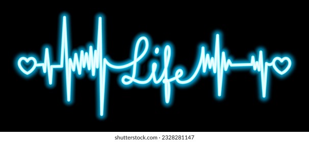 Life. Blue neon glow. The text is embellished with pulses and hearts. Color vector illustration. Broken zigzag line and handwritten inscription. Isolated black background. Idea for web design