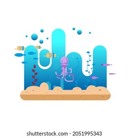 Life at the bottom of the sea. Fish, plants and octopus, flat design children's vector illustration