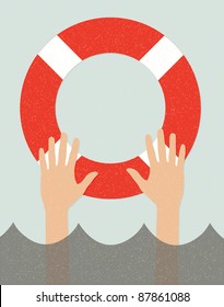 life buoy and hands in water