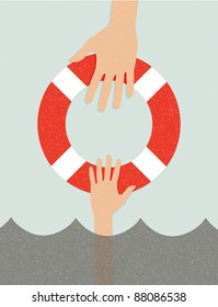 life buoy and hands in water