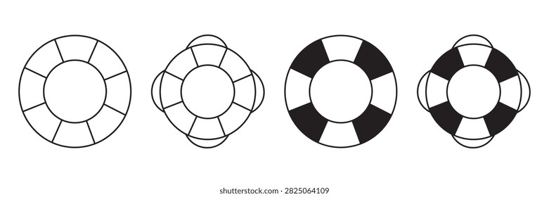 Life Buoy and Lifesaver Ring Icon Collection, Nautical Safety Floatation Device Symbols in Outline and Black White Designs, Water Rescue and Emergency Equipment Illustration