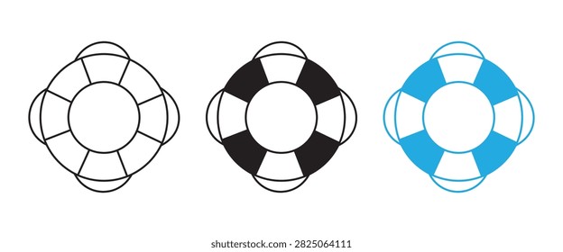 Life Buoy and Lifesaver Ring Icon Collection, Nautical Safety Floatation Device Symbols in Outline and Black White Designs, Water Rescue and Emergency Equipment Illustration