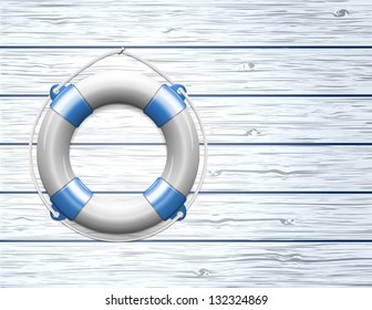 Life Buoy on  a Wooden Paneled Wall with Copy Space. Vector illustration