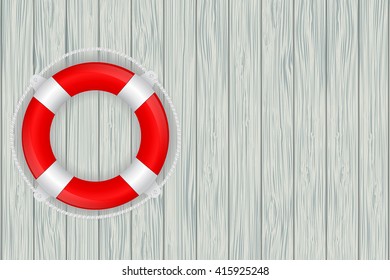 Life buoy on wooden wall. Vector illustration on grey wooden texture