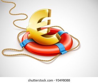 Life buoy rescue ring helps euro currency sign. Financial crisis concept. Vector illustration. EPS10. Gradient mesh used. Transparent objects used for shadows and lights drawing