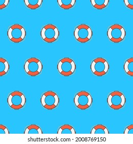 Life Buoy Seamless Pattern On A Blue Background. Life Saver Theme Vector Illustration