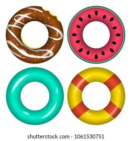 Life buoy set isolated on a white background.Vector realistick red lifebuoy help element icon .Rescue concept,survival.Life buoy in form chocolate  donut,watermelon