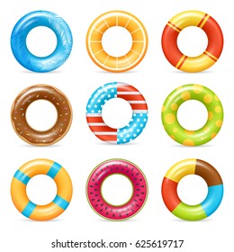 Life buoy swimming rings colorful realistic icons collection with american flag and chocolate doughnut isolated vector illustration 