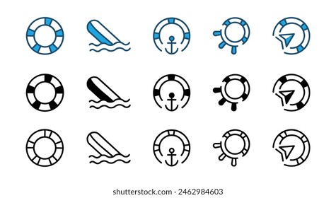  Life buoy thin line icon with steering wheel, anchor, compass, wave, and wind rose for help, support, service.