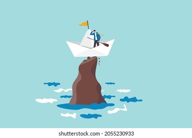 Life Or Business Stuck, Struggle With Problem Or Obstacle, Error, Mistake Or Failure Cause Hopeless Situation, Business Difficulty Concept, Hopeless Businessman Stuck On Shipwrecked On High Rock Cliff