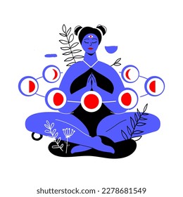 Vida por fases de la luna - colorida ilustración de diseño plano con elementos lineales. Composición de color rojo y azul con una niña de tercer ojo, rodeada de cuerpos celestes. Astrología