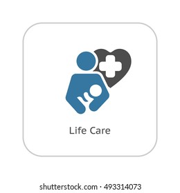 Life Care Icon. Flat Design. Isolated Illustration. Mother Holding A Newborn Baby And A Heart With Cross In Behind.