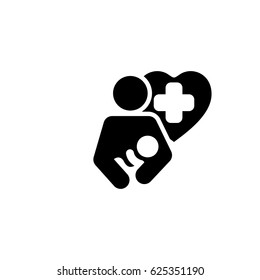 Life Care Icon. Flat Design. Isolated Illustration. Mother holding a newborn baby and a Heart with cross in behind.