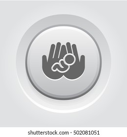Life Care Icon. Grey Button Design. Isolated Illustration. Two hands holding a newborn baby.