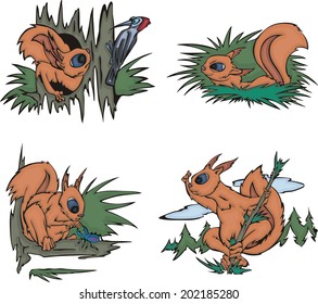 Life of cartoon squirrels. Set of vector illustrations.