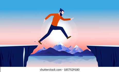 Life challenges - Casual man jumping over cliff outdoors. Overcome adversity, face fear and risk concept. Vector illustration.