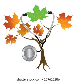 Life Changes Medical A tree with orange foliage representing autumn and end of life. one green leaf represents vitality. A stethoscope is hanging from  the green leaf