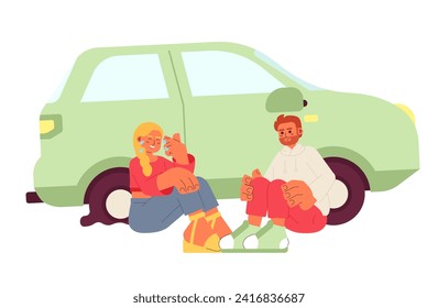 Life changing car accident cartoon flat illustration. Laughing caucasian couple about car flat tire 2D characters isolated on white background. Happy accident love story scene vector color image