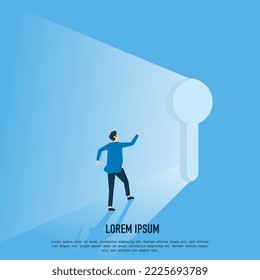 Life changing secret door, business courage or challenge, key to success or step to see new opportunity, out to see outside concept, entrepreneur running step into keyhole door to new opportunity.