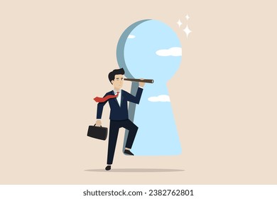 Life changing secret door, key to success to see new opportunities, out to see outside concept, brave businessman enters into the keyhole of the door to new opportunities.