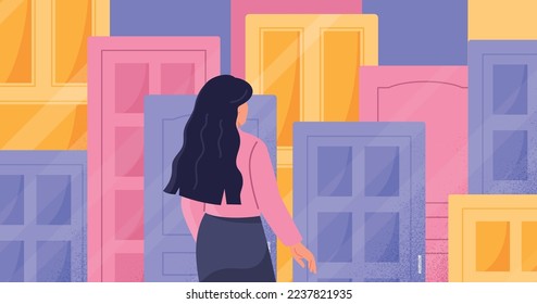 Life choice concept. Young girl in front of colorful doors. Character makes decision, metaphor for suspense. Poster or banner for website. Cartoon flat vector illustration