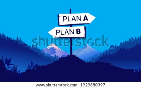 Life choice plan A or B - Signpost in nature landscape pointing in two directions. Future planning concept. Vector illustration.