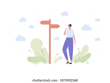 Life choice psychology concept. Vector flat person illustration. Woman standing near road direction sign. Nature symbol background. Female character. Life change crossroad.