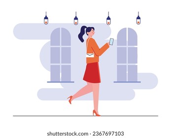 Life in the city of women walking while looking at smartphones, heading to the office with trendy fashion. Character design. Vector flat illustration