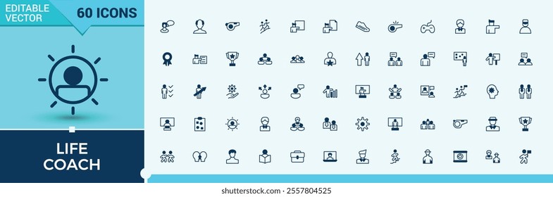 Life Coach icon set. Contains related to worksh, color, counselor, brainstorm, increase, theory and more. Outline icons pack. Vector illustration in modern line style.