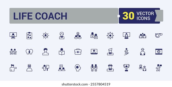 Life Coach icons in linear style. Includes thin line supervise, professional, trainer, method, seminar and more. Thin outline icons pack. Editable vector icon and illustration.