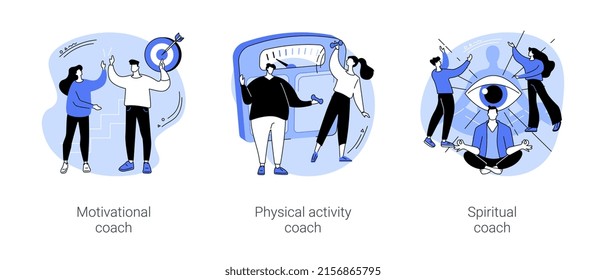 Life coach isolated cartoon vector illustrations set. Motivational coach talking with client, promote physical activity and weight loss, spiritual coaching, practice holistic living vector cartoon.