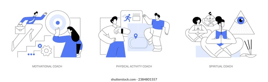 Life coach isolated cartoon vector illustrations set. Motivational coach talking with client, promote physical activity and weight loss, spiritual coaching, practice holistic living vector cartoon.