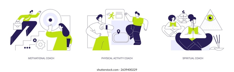 Life coach isolated cartoon vector illustrations set. Motivational coach talking with client, promote physical activity and weight loss, spiritual coaching, practice holistic living vector cartoon.