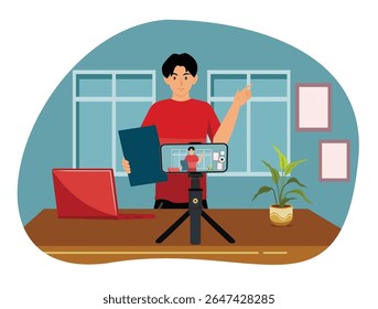 Conceito de formação em ônibus de subsistência. Jovem gravando Life Coach Training Video Content com smartphone em um tripé, laptop e documentos na mesa. 
