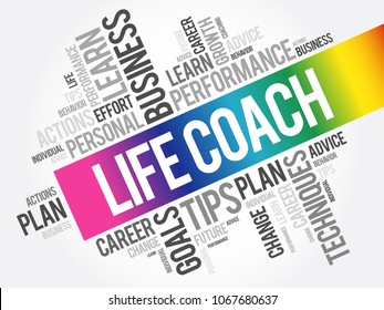 Life Coach - type of wellness professional who helps people make progress in their lives, word cloud concept background