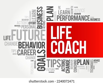 Life Coach - type of wellness professional who helps people make progress in their lives, word cloud concept background