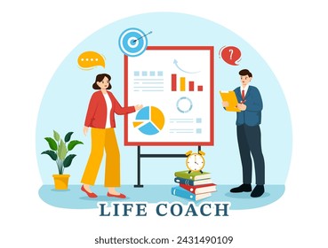 Ilustración vectorial de Life Coach para consulta, educación, motivación, mentoría, perspectiva y autocoaching en el fondo plano de dibujos animados de negocios