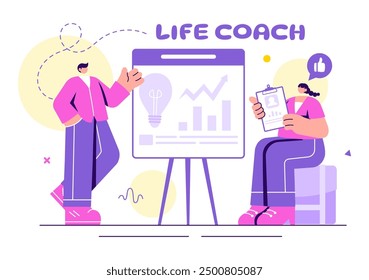 Life Coach Vektorgrafik für Beratung, Bildung, Motivation, Mentorperspektive und Self Coaching im Business Flat Cartoon Hintergrund