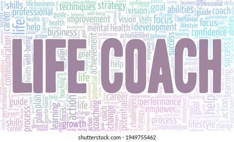 Life coach vector illustration word cloud isolated on a white background.