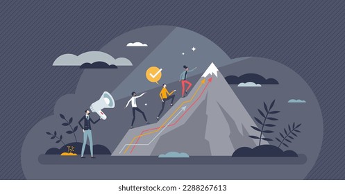 Life coaching and career training with help advices tiny person concept. Professional mentor or guidance expert for business support vector illustration. Personal development with education or skills