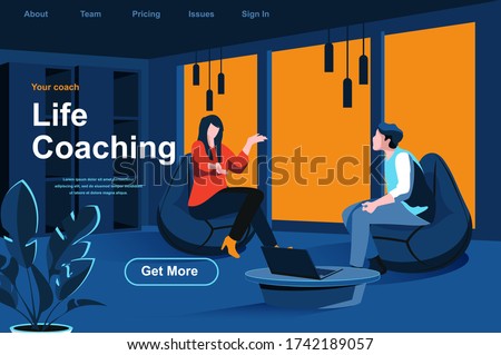 Life coaching isometric landing page. Personal consultation with coach in office website template. Education and life skills development, motivation and mentoring perspective flat vector illustration.
