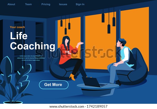 Life coaching isometric landing page.\
Personal consultation with coach in office website template.\
Education and life skills development, motivation and mentoring\
perspective flat vector\
illustration.