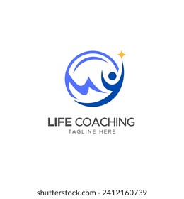 Life Coaching Logo Vector in Blue and Yellow Color. Lens and mountain illustration.