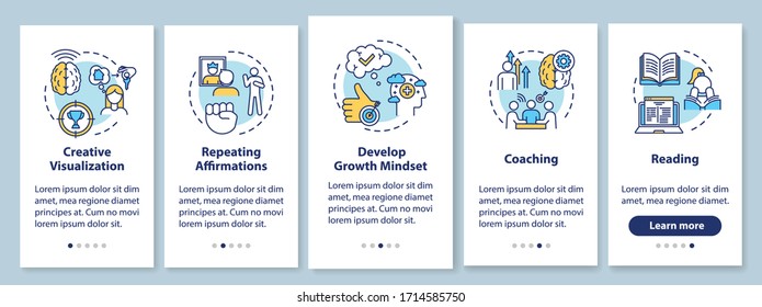 Life coaching onboarding mobile app page screen with concepts. Positive mindset. Improve personal growth walkthrough 5 steps graphic instructions. UI vector template with RGB color illustrations