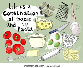 Life is a combination of magic and pasta. Colored graphic vector set. All elements are isolated