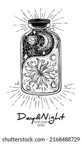 A life of contrasts, a mystical hand-drawn drawing. Combination of day and night, moon and sun, life and beginning