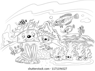 The life of coral reefs. Hand - drawn coloring illustration. For coloring books, animals illustration,pattern, background,