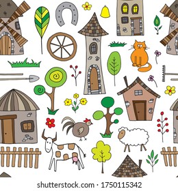 Life in the country collection elements. Hand drawn doodle seamless pattern vector illustration.